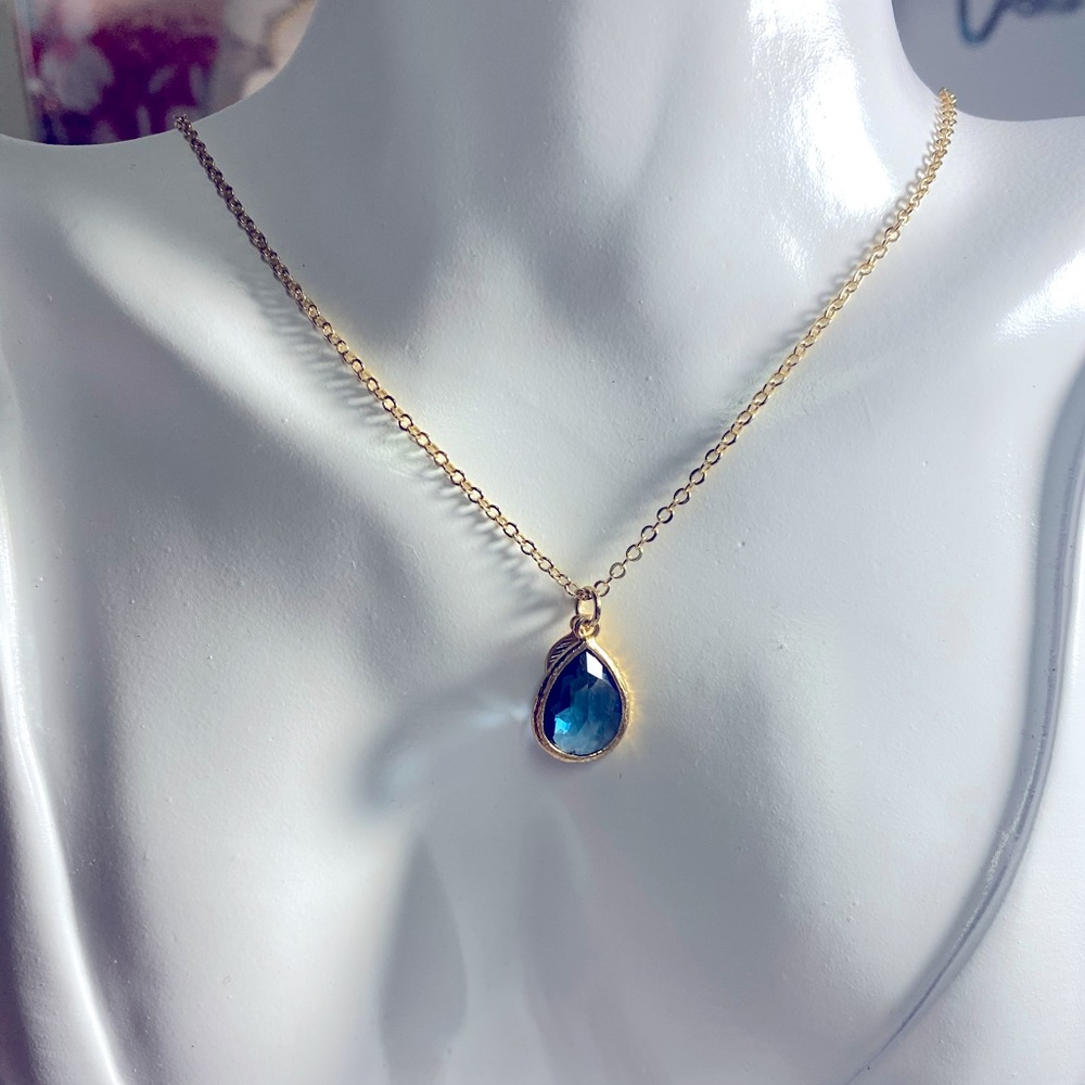 Blue gem birthstone A initial gold toned dainty mothers necklace